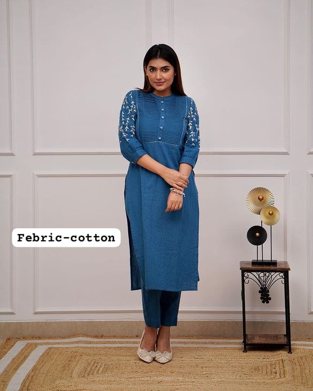 Blue Kurti Pant Set with Embroidery & Pintex Detailing